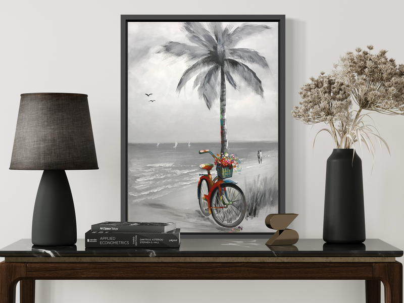 En tavla med en cykel och en palm