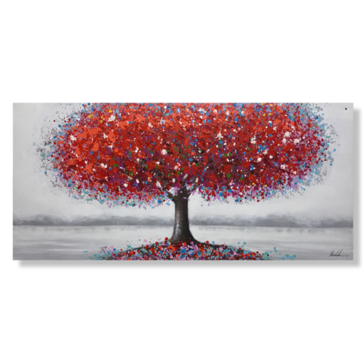 En målning med ett rött träd