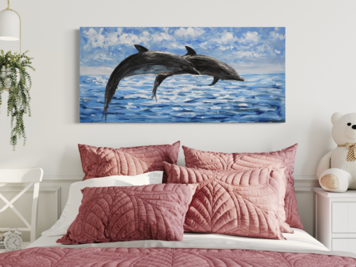 En målning med delfiner