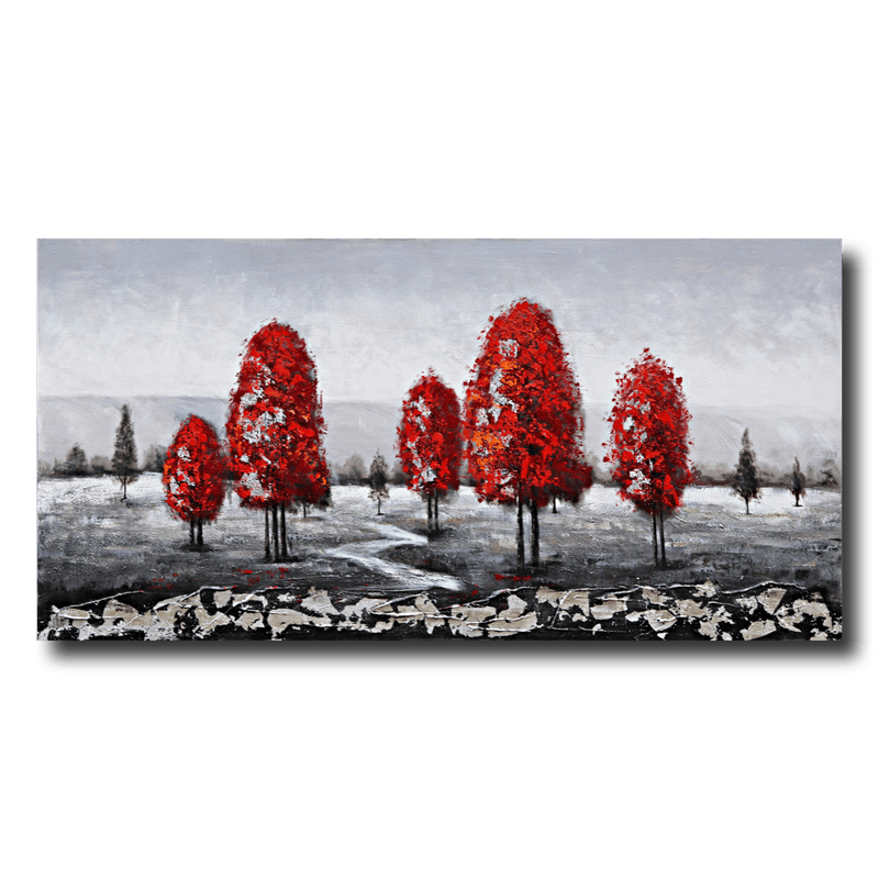 En tavla med röda träd
