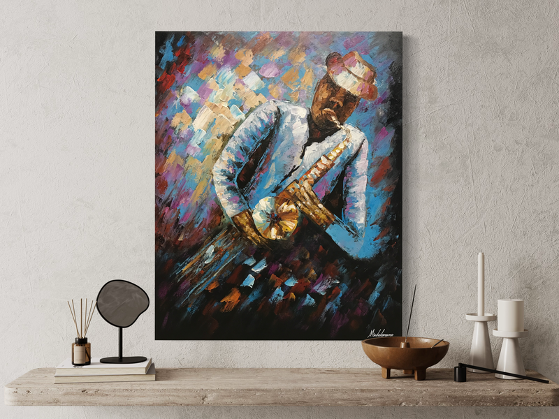 En målning med en man med saxofon