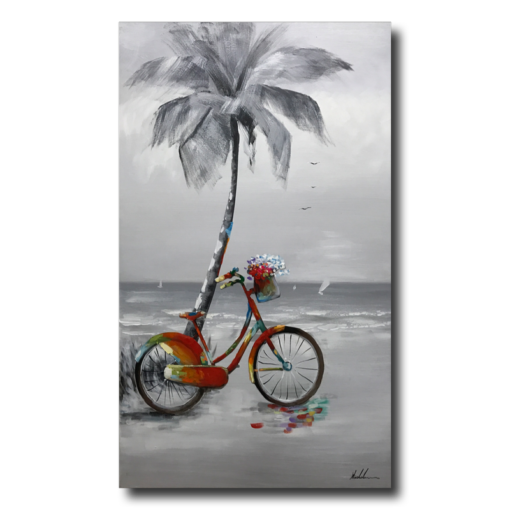 En målning med en cykel och en palm