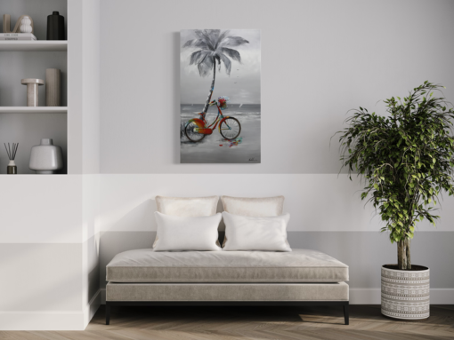 En tavla med en cykel och en palm