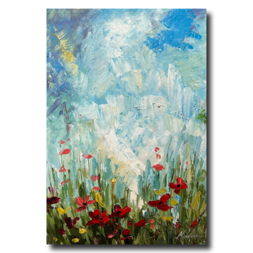 En målning med en blomsteräng