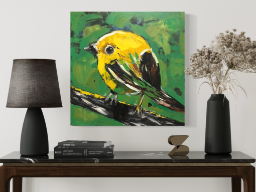 En målning med en gul fågel