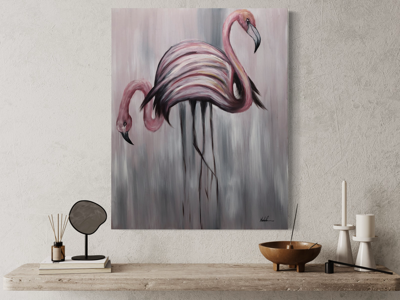 En tavla med flamingos