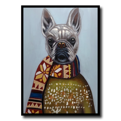 En målning med en fransk bulldog