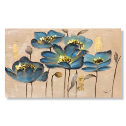 En målning med blå blommor
