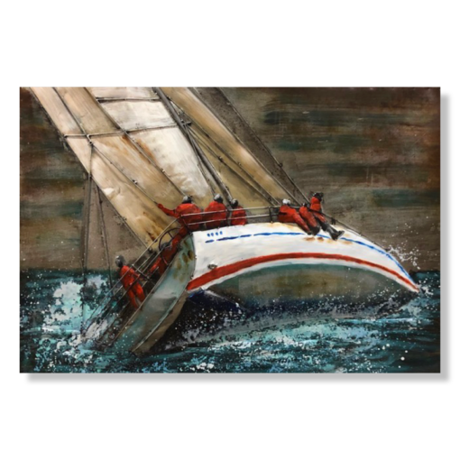 En tavla med en segelbåt i ett stormande hav.