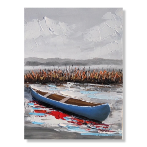 en målning med en kanot