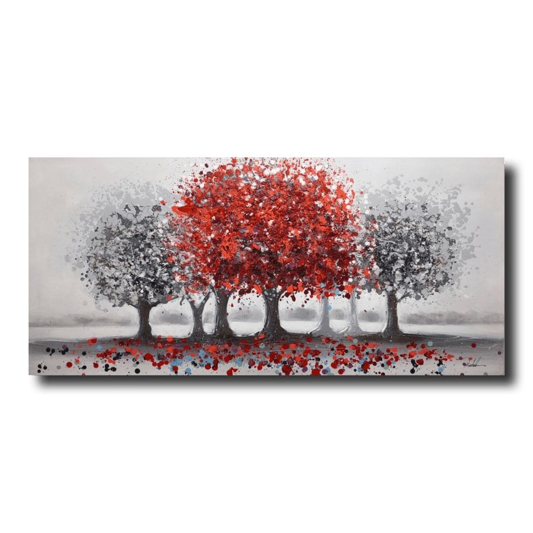 En tavla med ett rött träd
