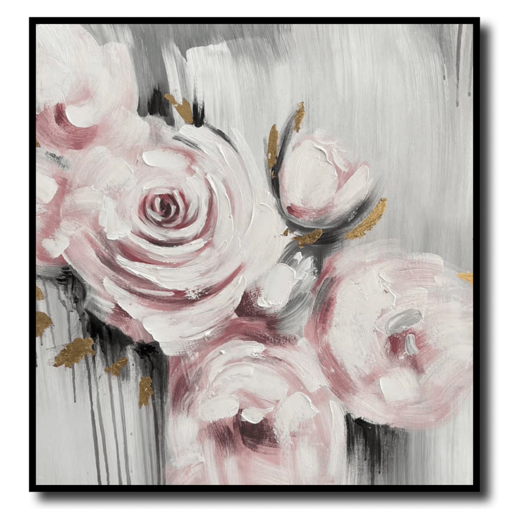 En målning med rosa rosor