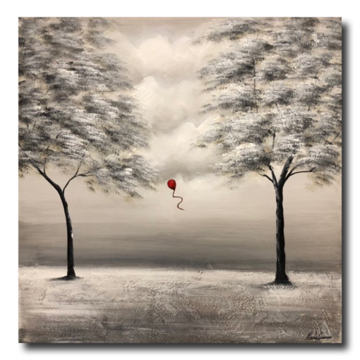 En målning med röd ballong